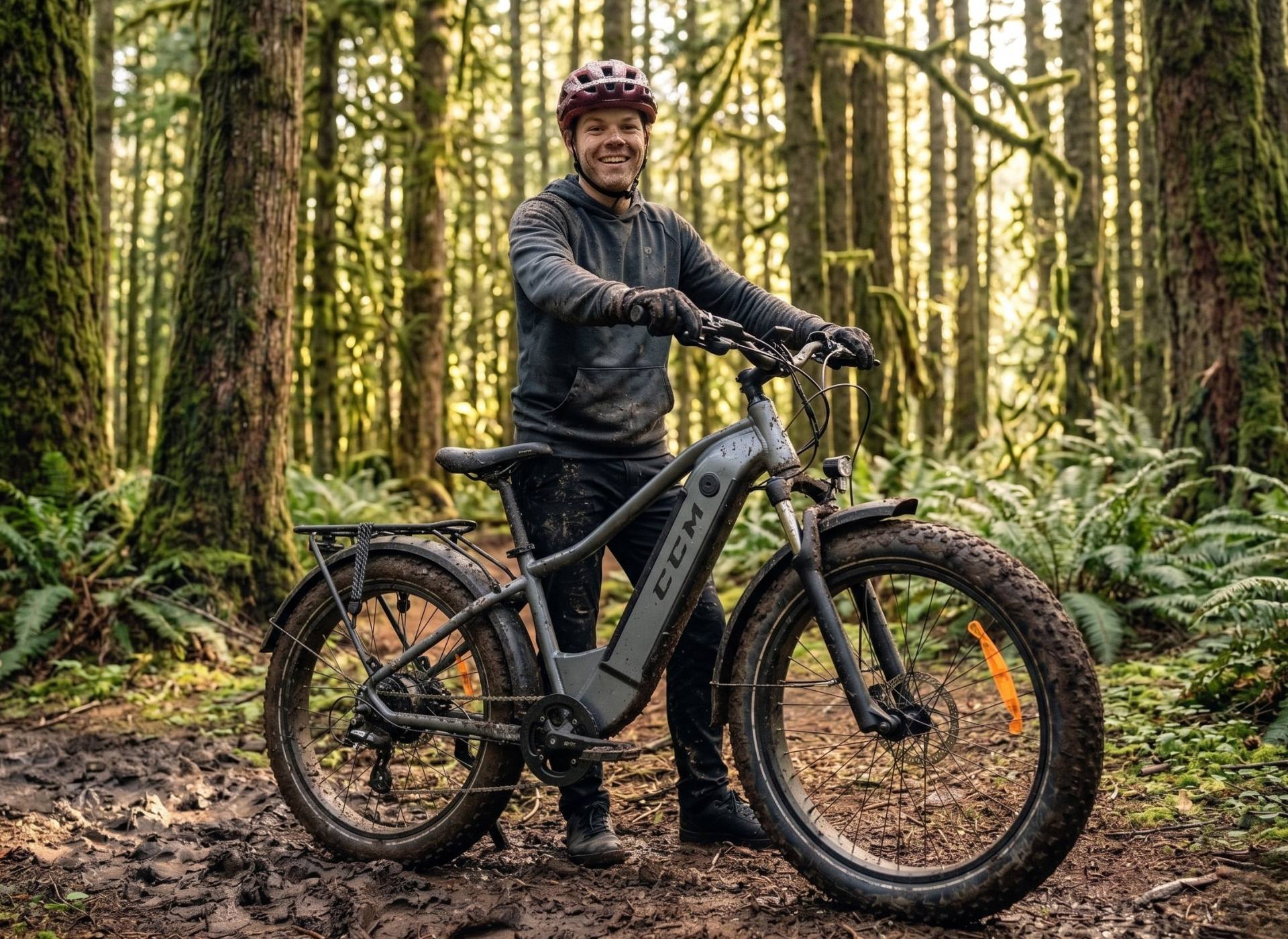 Man in a forest with a CCM Caribou eBike All-terrain Fat Tire