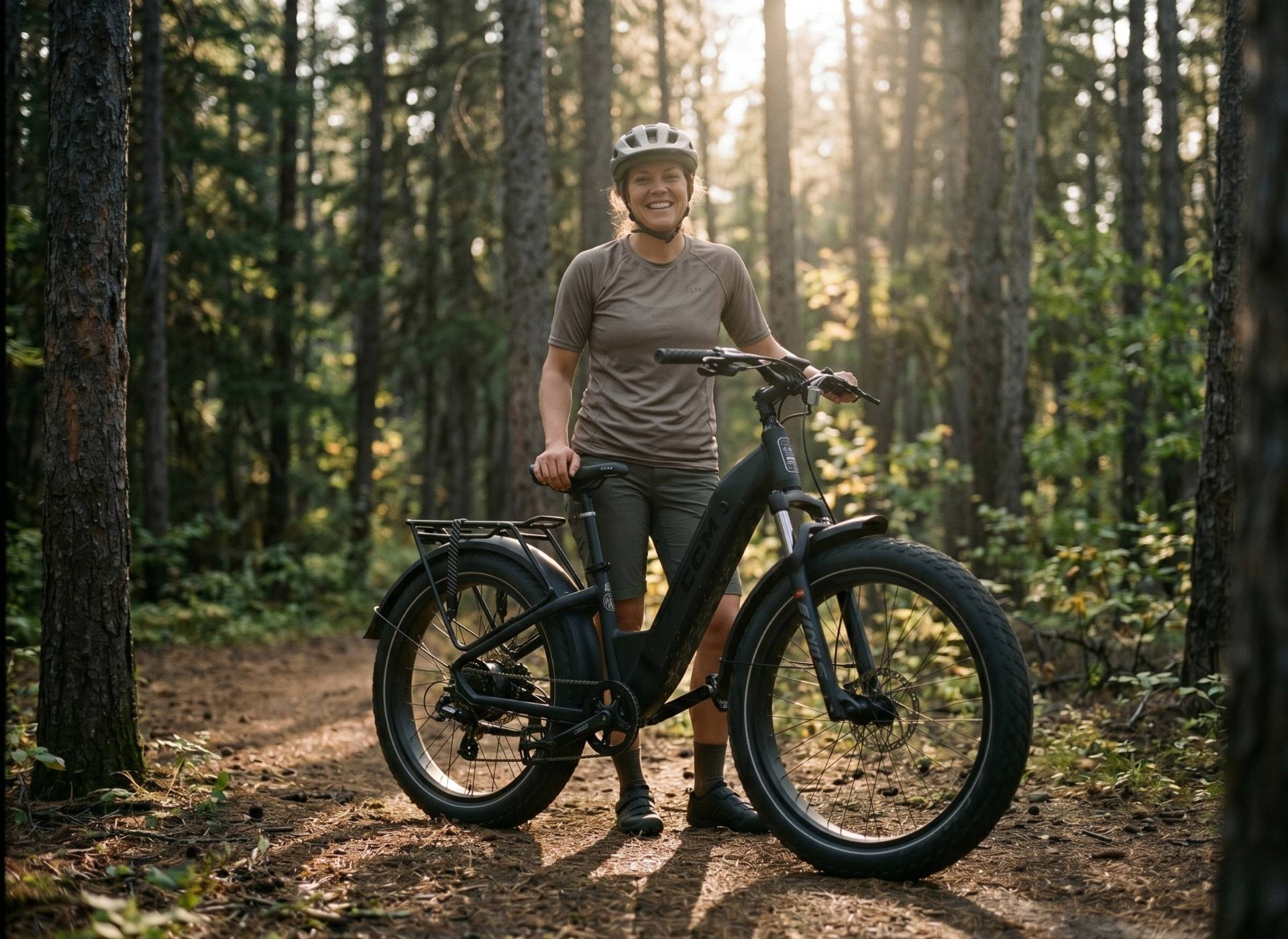 Woman biking through a forest on a CCM Nahanni Step through eBike All-terrain