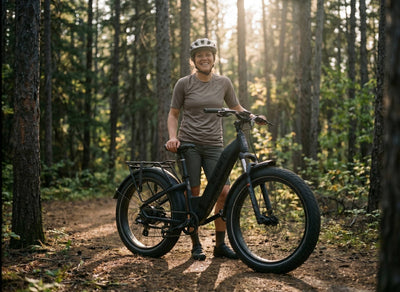 Woman biking through a forest on a CCM Nahanni Step through eBike All-terrain