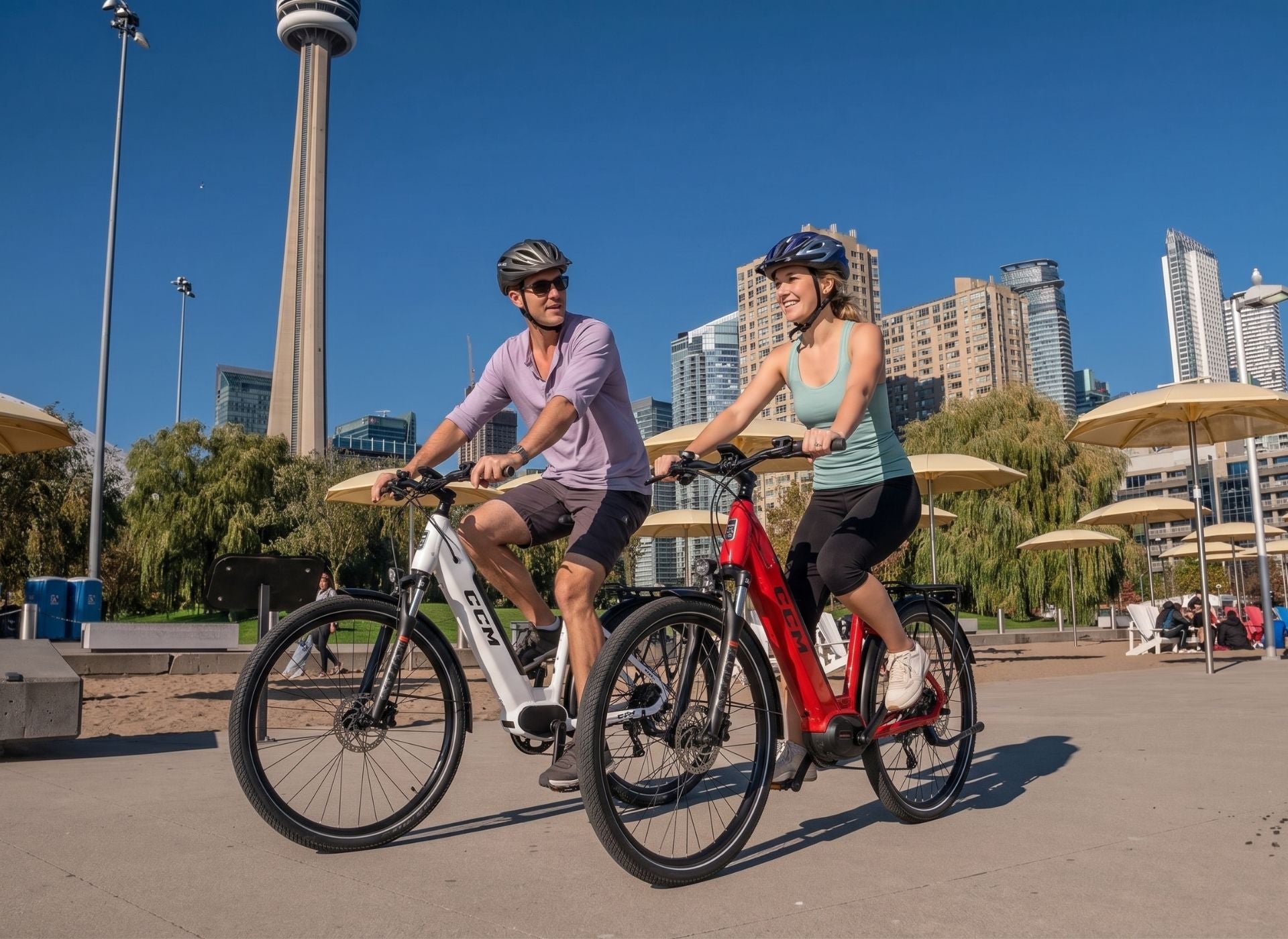 Couple riding CCM Laurentian eBikes in Toronto