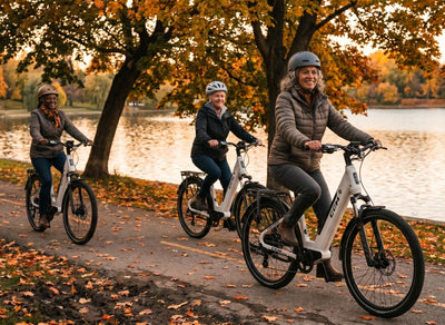 Older women riding CCM Laurentian eBikes on a fall day