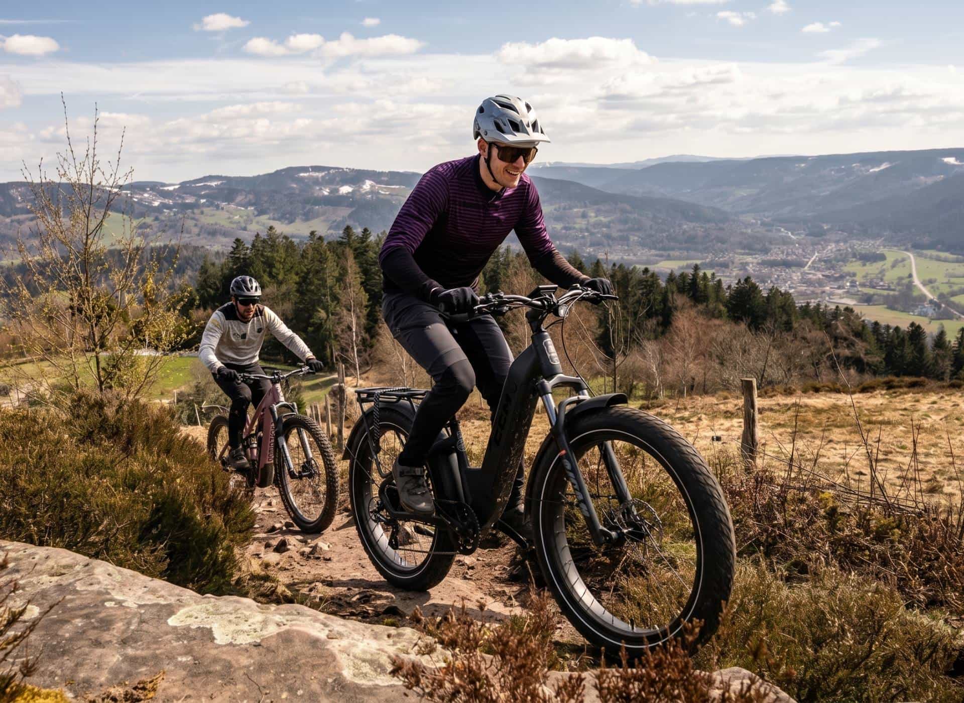 Man mountain biking on a CCM Nahanni Step through eBike All-terrain
