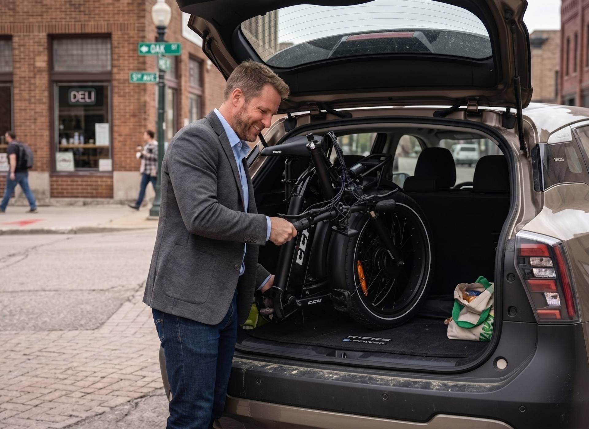 Man storing a CCM Portage folding ebike in his car